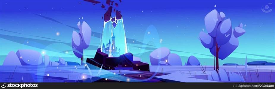 Magic portal at winter landscape, cartoon fairy tale background with ice crystal door, mirror or gate with fantasy castle, snowy landscape with glowing entrance stand on rock, Vector illustration. Magic portal at winter landscape, fairy tale scene