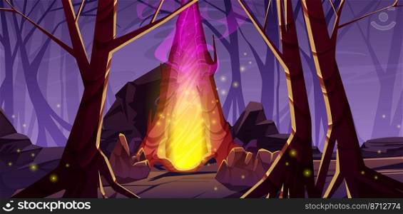 Magic portal between tree trunks in deep dark forest. Vector cartoon fantasy illustration of scary night wood landscape with bare trees, stones, and fantastic glow gates to alien world. Magic portal in deep dark forest