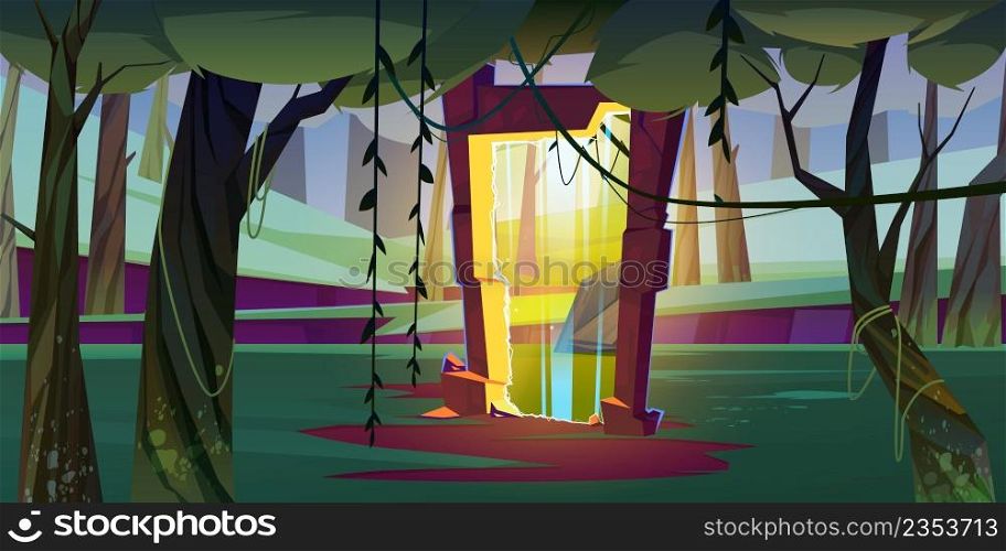 Magic portal in forest or jungle, mysterious landscape background with glowing gate entrance with yellow plasma in deep wood with trees and lianas. Fantasy game scene, Cartoon vector illustration. Magic portal in forest or jungle landscape scene