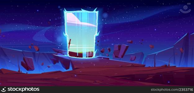 Magic portal on mountain cliff with flying rocks around. Fantastic book or computer game scene, fantasy landscape background with glowing plasmic entrance under starry sky, Cartoon vector illustration. Magic portal on mountain cliff with flying rocks