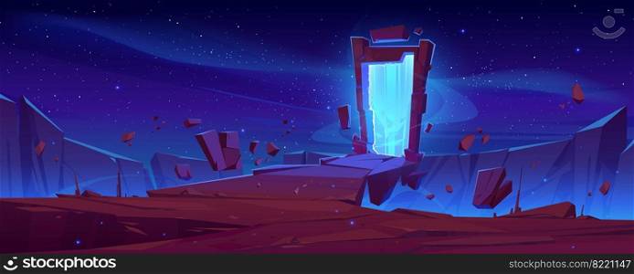 Magic portal on mountain cliff with flying rocks around, fantasy landscape background with glowing plasmic entrance under starry sky. Fantastic book or computer game scene, cartoon vector illustration. Magic portal on mountain cliff with flying rocks