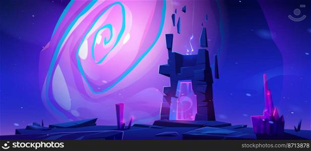 Magic portal on mountain top or alien planet surface. Futuristic landscape background with glowing entrance in rock under starry sky with huge violet vortex. Fantasy scene, Cartoon vector illustration. Magic portal on mountain or alien planet surface