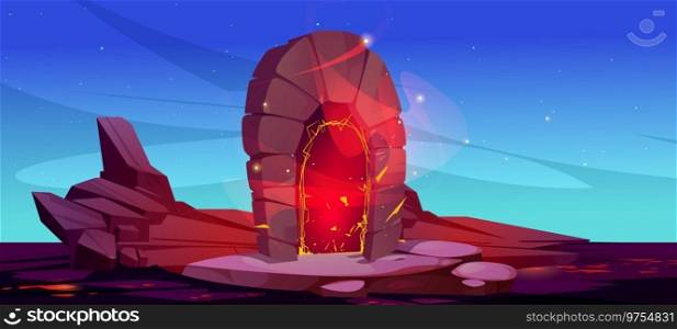 Magic portal on rocky island landscape. Vector cartoon illustration of stone arch on mountain platform, hot lava on ground, burning sparkles glowing in tunnel, road to hell, adventure game background. Magic portal on rocky island landscape