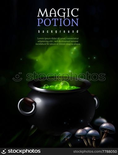Magic potion background with black potty and green steaming hebenon boiling away with toadstool mushroom images vector illustration. Mysterious Poison Pot Background