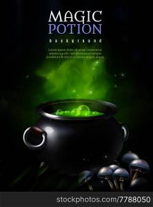 Magic potion background with black potty and green steaming hebenon boiling away with toadstool mushroom images vector illustration. Mysterious Poison Pot Background
