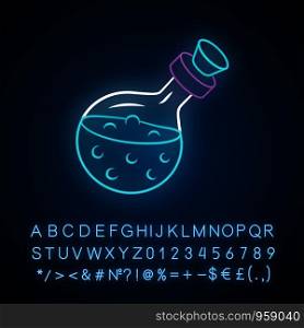 Magic potion bottle neon light icon. Alchemy and apothecary liquid. Magical elixir, drink, poison. Occultism & witchcraft spell. Glowing sign with alphabet, numbers. Vector isolated illustration