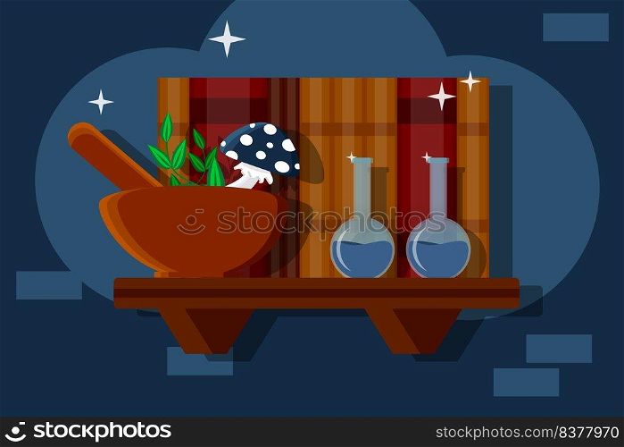 Magic Potion Bottle with Ingredients and Spell book. Vector illustration