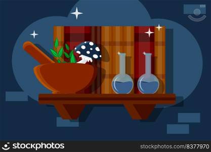 Magic Potion Bottle with Ingredients and Spell book. Vector illustration