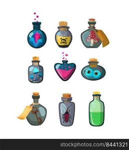 Magic potion bottles flat icon set. Cartoon fantasy vials with poison, antidote, elixir isolated vector illustration collection. Alchemy and chemistry concept