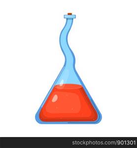 Magic potion in bottle with beige liquid isolated on white background. Chemical or alchemy elixir. Vector illustration for any design.