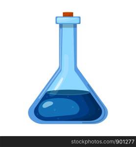 Magic potion in bottle with blue liquid isolated on white background. Chemical or alchemy elixir. Vector illustration for any design.