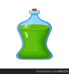 Magic potion in bottle with green liquid isolated on white background. Chemical or alchemy elixir. Vector illustration for any design.