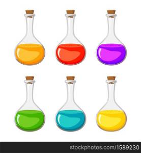 Magic potion vector collection .Elixir in glass bottle set isolated on white. Illustration of colorful flask with chemical substance. Medicine container icon or symbol. Eps 10 cartoon design.