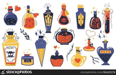 Magic potions. Alchemist cartoon bottles with love potion and magical elixir, witch and wizard magic vials. Witchcraft tools and mystical symbols collection vector doodle drawing isolated on white set. Magic potions. Alchemist cartoon bottles with love potion and magical elixir, witch and wizard magic vials. Witchcraft tools and mystical symbols collection vector doodle isolated set