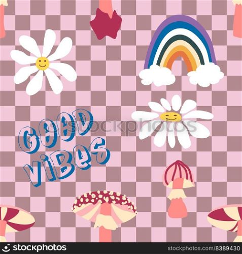 Magic psychedelic drug mushrooms, Chamomile, rainbow seamless pattern. Psychedelic hallucination. 60-70s hippie colorful art. Vintage psychedelic textile, fabric, wrapping, wallpaper.. Magic psychedelic drug mushrooms, Chamomile, rainbow seamless pattern. Psychedelic hallucination. 60-70s hippie colorful art. Vintage psychedelic textile