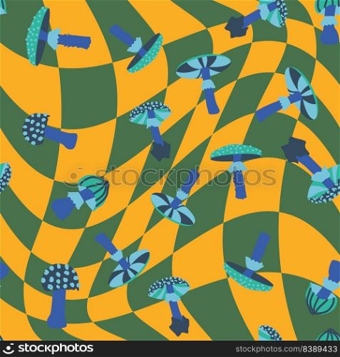 Magic psychedelic drug mushrooms seamless pattern. Psychedelic hallucination. 60-70s hippie colorful art. Vintage psychedelic textile, fabric, wrapping, wallpaper.. Magic psychedelic drug mushrooms seamless pattern. Psychedelic hallucination. 60-70s hippie colorful art. Vintage psychedelic textile
