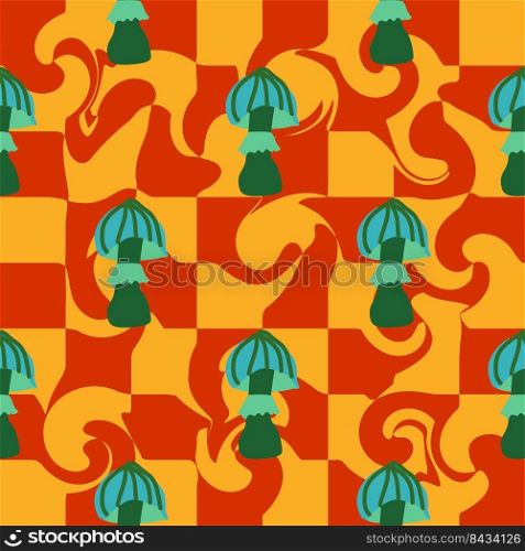 Magic psychedelic drug mushrooms seamless pattern. Psychedelic hallucination. 60-70s hippie colorful art. Vintage psychedelic textile, fabric, wrapping, wallpaper.. Magic psychedelic drug mushrooms seamless pattern. Psychedelic hallucination. 60-70s hippie colorful art. Vintage psychedelic textile