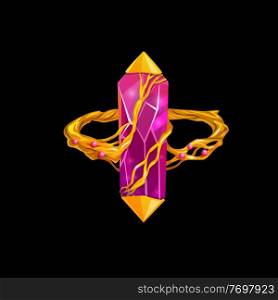 Magic ring with pink gemstone, vector fantasy jewelry. Wizard or witch gold jewel with precious gem and golden roots twine diamond, ruby or crystal. Isolated cartoon design element for computer game. Magic ring with pink gemstone, fantasy jewelry