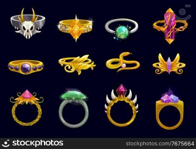 Magic rings and fantasy jewelry cartoon vector design of game user interface or ui. Wizard or witch gold jewels with precious gems, diamonds, ruby and crystals, skulls and monster teeth. Magic rings, fantasy jewelry, game user interface