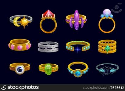 Magic rings cartoon vector of fantasy game jewelry, user interface or ui design. Gold and silver precious jewellery accessories with ruby and diamond gems, magical crystals, sun, moon and monster eye. Magic rings and fantasy game jewelry, cartoon ui