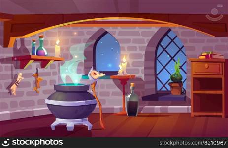 Magic room interior with witch stuff cauldron, staff with bird skull, burning candles, potion in beakers, bones and potted plant front of arch window with starry sky view, pc game cartoon illustration. Magic room interior with cartoon witch stuff.