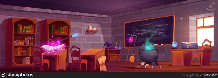 Magic school, classroom interior with wooden desks for pupils and teacher, blackboard with chalk writings. Cauldron with potion, witch hat, spell book, wizard wand, broom. Cartoon vector illustration. Magic school, classroom interior with wooden desks