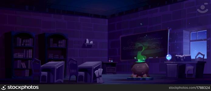 Magic school classroom with cauldron, chalkboard and bookcases at night. Vector cartoon illustration of empty wizards class with book and crystal ball on desk, green steam from potion in cauldron. Magic school classroom with cauldron at night