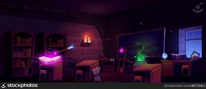 Magic school classroom with open book of spell, chalkboard and bookcases at night. Vector cartoon illustration of empty wizard room with glowing candles, cauldron and magician wand. Magic school classroom at night