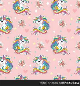 Magic seamless pattern with head of unicorn and butterflies isolated on pink background. Vector illustration for party, print, baby shower, wallpaper, design, decor,design cushion, linen, dishes. Magic seamless pattern with unicorn, butterflies, stars pink vector