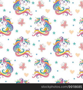 Magic seamless pattern with head of unicorn and butterflies isolated on white background. Vector illustration for party, print, baby shower, wallpaper, design, decor,design cushion, linen, dishes. Magic seamless pattern with unicorn, butterflies, stars white vector