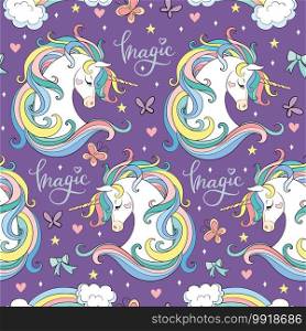 Magic seamless pattern with head of unicorn with butterflies isolated on purple background. Vector illustration for party, print, baby shower, wallpaper, design, decor,design cushion, linen, dishes.. Magic seamless pattern with unicorn, stars, hearts and butterflies