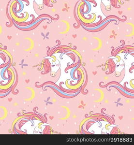 Magic seamless pattern with unicorn, moon, stars and butterflies isolated on pink background. Vector illustration for party, print, baby shower, wallpaper, design, decor,design cushion, linen, dishes. Magic seamless pattern with unicorn, moon, stars and butterflies