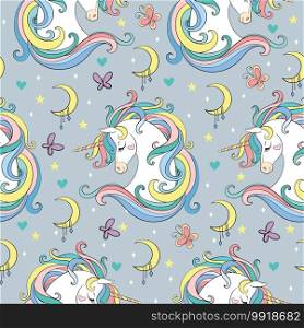 Magic seamless pattern with unicorn with rainbow mane, moon, stars and butterflies. Vector illustration for party, print, baby shower, wallpaper, design, decor,design cushion, linen, dishes.. Magic seamless pattern with unicorn, rainbow, stars and butterflies