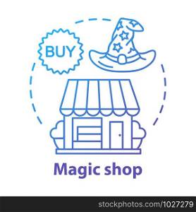 Magic shop concept icon. Witchcraft accessories sale idea thin line illustration. Mystic souvenirs, supernatural items retail service. Wizard hat and store building vector isolated outline drawing