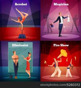 Magic Show 2x2 Design Concept . Magic show 2x2 design concept set of acrobat illusionist magician and fire show square compositions flat vector illustration