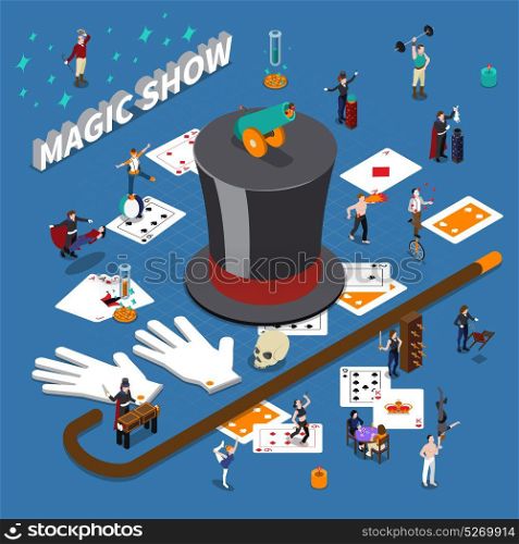 Magic Show Isometric Composition. Magic show isometric composition with masters of tricks, cane, hat, playing cards on blue background vector illustration