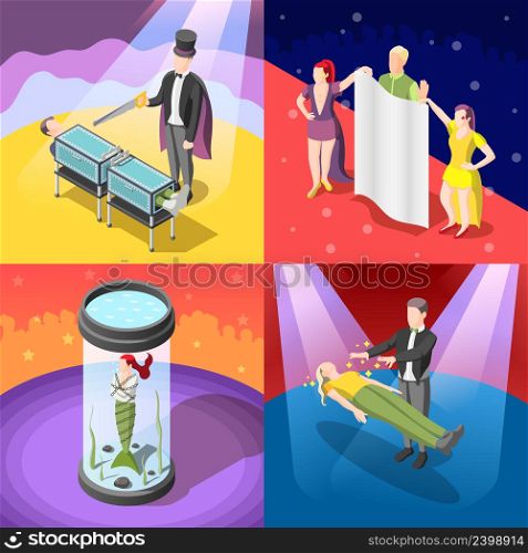 Magic show isometric concept with escape from closed water chamber, trick with sawing, levitation, isolated vector illustration. Magic Show Isometric Concept
