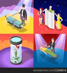 Magic show isometric concept with escape from closed water chamber, trick with sawing, levitation, isolated vector illustration. Magic Show Isometric Concept