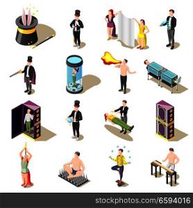 Magic show isometric icons with levitation, danger tricks, juggler, mysteries of illusionist isolated vector illustration. Magic Show Isometric Icons