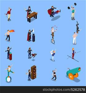 Magic Show People Isometric Set. People from magic show isometric set with illusionist strongman gymnasts juggler artist with fire isolated vector illustration