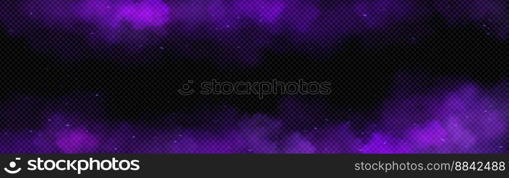 Magic smoke clouds, fog or powder splash effect. Abstract background with frame of purple mist, smog or dust clouds with particles, vector realistic illustration. Magic smoke clouds, fog or powder splash