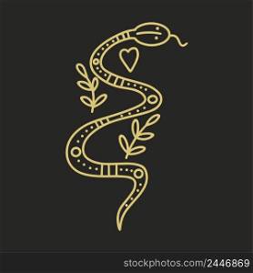 Magic snake with decoration elements and symbols vector illustration. Witchcraft golden amulet isolated object on black background. Esoteric decoration. Magic snake with decoration elements and symbols vector illustration