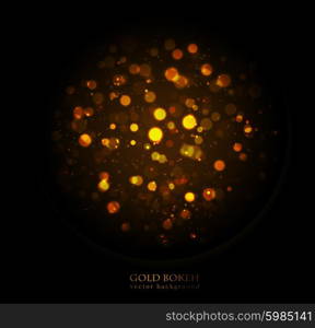 Magic sparkle, gold dots on dark background. Vector bokeh effect. Fire lights defocused bokeh