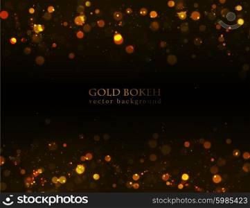 Magic sparkle, gold dots on dark background. Vector bokeh effect. Fire lights defocused bokeh