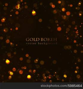 Magic sparkle, gold dots on dark background. Vector bokeh effect. Fire lights defocused bokeh