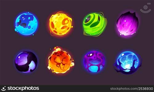 Magic spheres, shiny energy balls for game interface design. Vector cartoon set of different color glowing orbs, fantasy bright circle signs with light effects isolated on background. Magic spheres, shiny energy balls