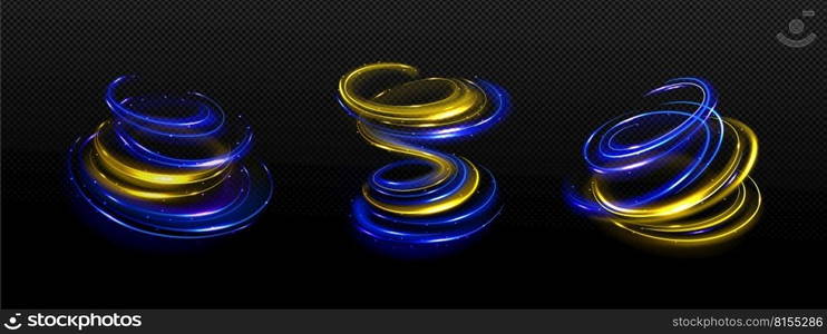 Magic spiral, wave, twist effect with blue or golden stars and flying sparkles. Swirl of wand, tornado vortex, isolated magician spell trace, wizard, fairy light, Realistic 3d Vector illustration. Magic spiral, wave with blue or golden star sparks