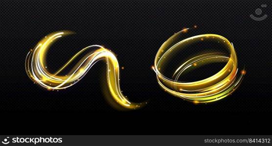 Magic spiral, wave, twist effect with golden stars and flying sparkles. Gold swirl of wand isolated Magician spell trace, wizard, fairy light, shiny lightnings Realistic 3d Vector illustration. Magic spiral, wave, twist effect with golden stars