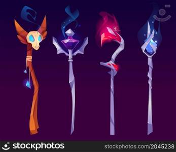 Magic staves for wizard or magician. Fantasy wooden and metal sticks with crystals and skull. Vector cartoon set of sorcerer scepters with shiny crystals isolated on background. Magic staves for wizard or magician