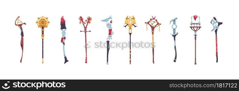Magic staves. Wizard sticks and magician wands. Antique scepter weapon with decorative crystals. Magical wooden and metal staff. Isolated sorcerer and shaman tools. Vector warlock costume elements set. Magic staves. Wizard sticks and wands. Antique scepter weapon with decorative crystals. Magical wooden and metal staff. Sorcerer and shaman tools. Vector warlock costume elements set